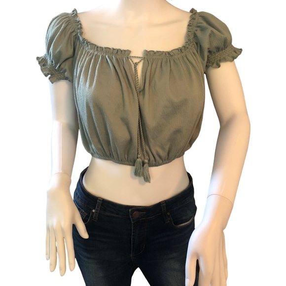 H&M Tops - H&M DIVIDED Sage Green Crop Top Large Peasant Trendy Y2K Festival Vintage